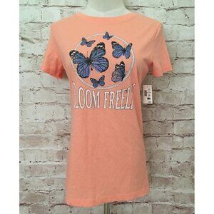 Aeropostale Womens M Classic Crew T- Shirt BLOOM FREELY Peach Orange Butterflies